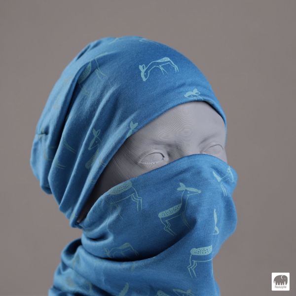 Kinder Loop aus Bio Merinowolle Farbe: azur, Siebdruck Rehe in türkis